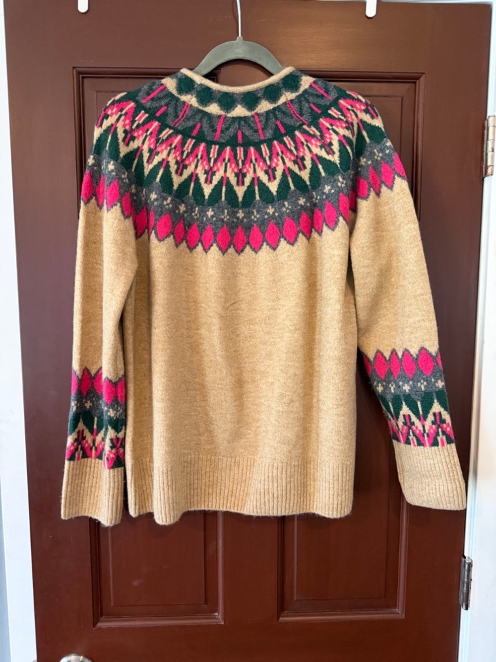 CeCe Tan Fair Isle Cowl Neck Sweater with Pink & Green Accents - Picture 4 of 6